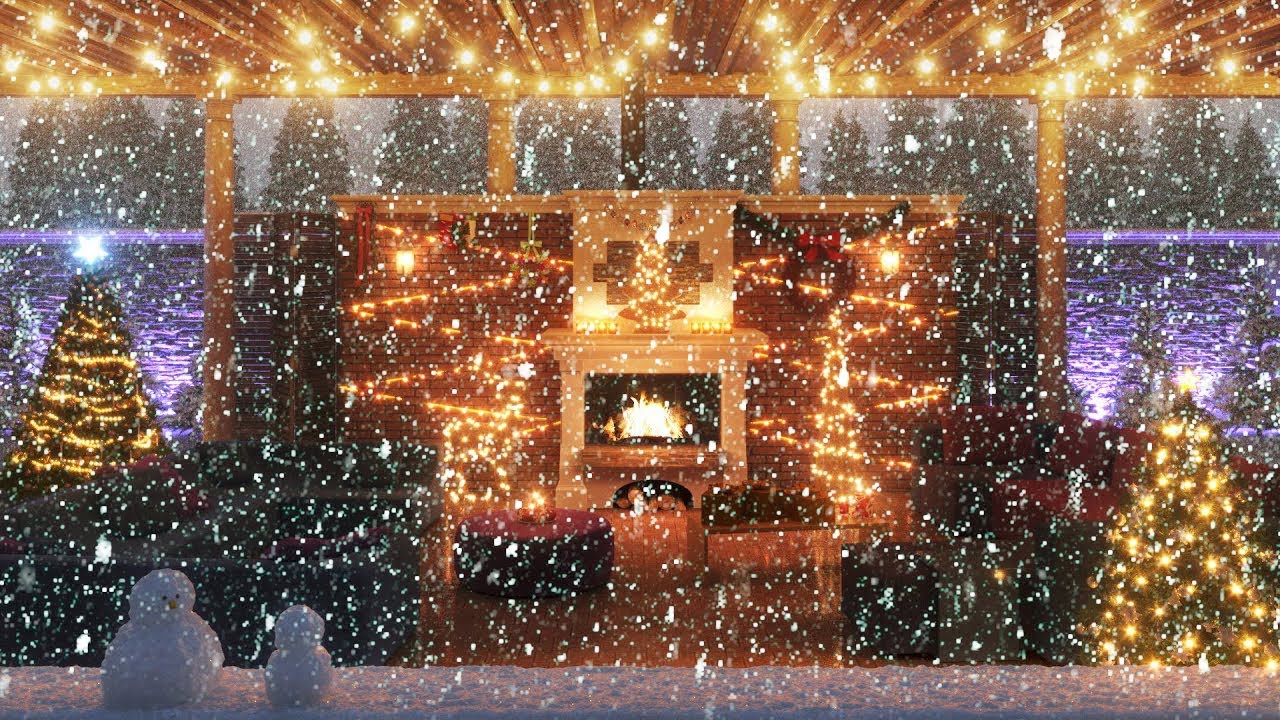 Come Play In The Courtyard Decorated In Christmas Style : Snow Falling : Fireplace