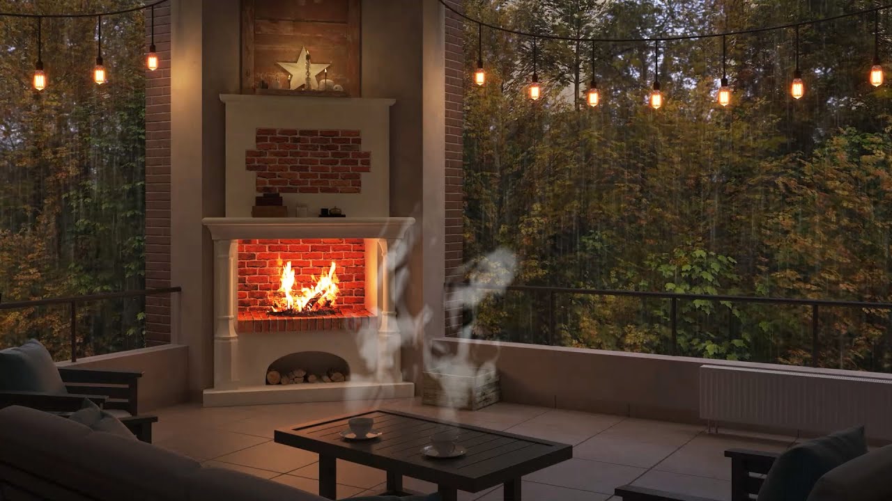 image 0 Cozy Ambience On The Terrace To Sleep In In The Autumn Forest : Rain & Fireplace Sounds