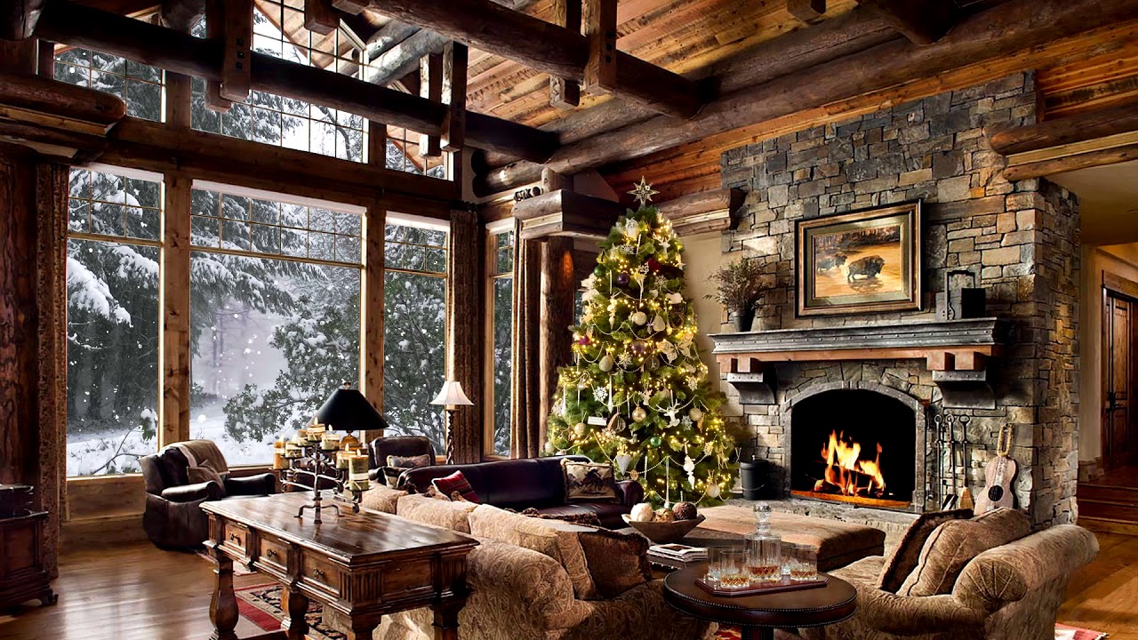 image 0 Hd Christmas Tree Log Cabin Screensaver Scene - Fire Crackling Sound - Cosy Living Room Snow Falling
