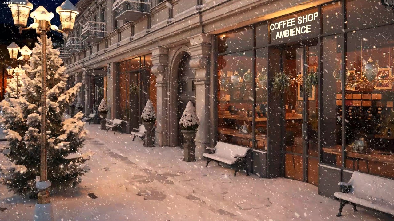 image 0 Nightly Snow On Street At Coffee Shop Ambience With Relaxing Smooth Jazz Music And Snowflakes