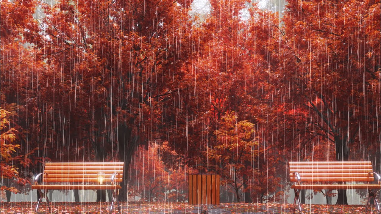 image 0 Rain Sound On A Park Bench In Autumn : Rain On The Fallen Leaves