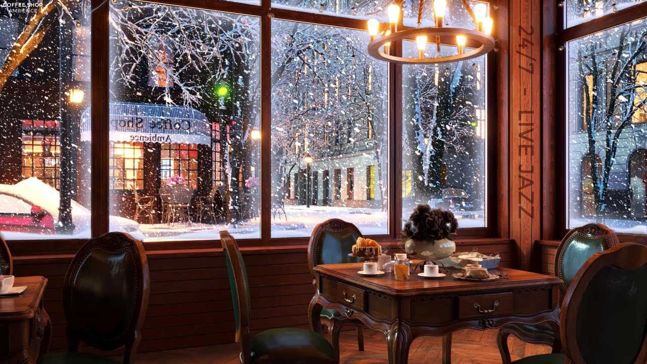 Snowy Window Night At Coffee Shop Ambience With Relaxing Jazz Music 24/7