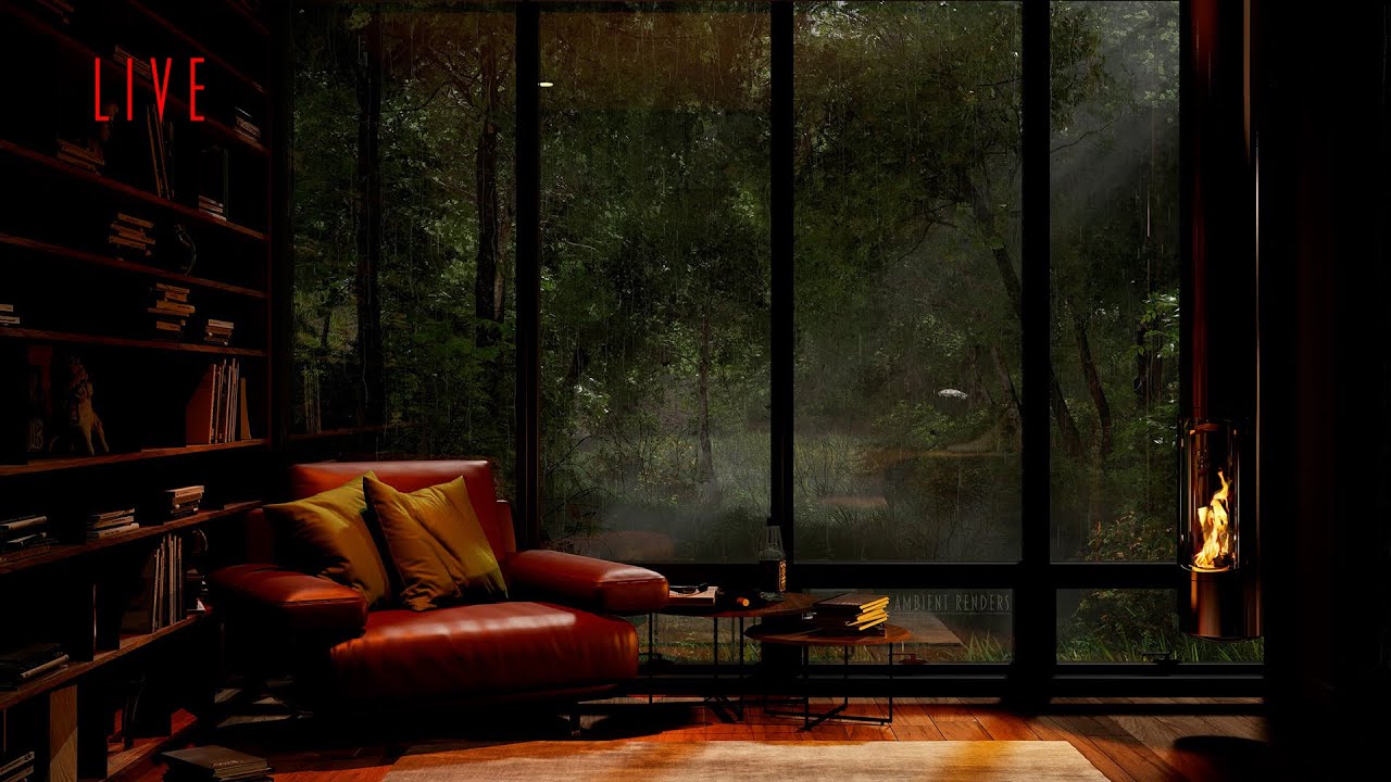 image 0 Spend 24/7 In This Cozy Reading Nook With Warm Fireplace : Fire And Rain Sounds :