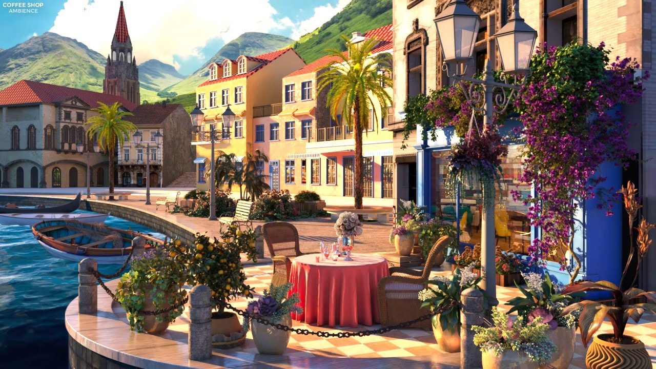 image 0 Village Coffee Shop Ambience - Relaxing Smooth Jazz Music On A Outdoor Calm Morning