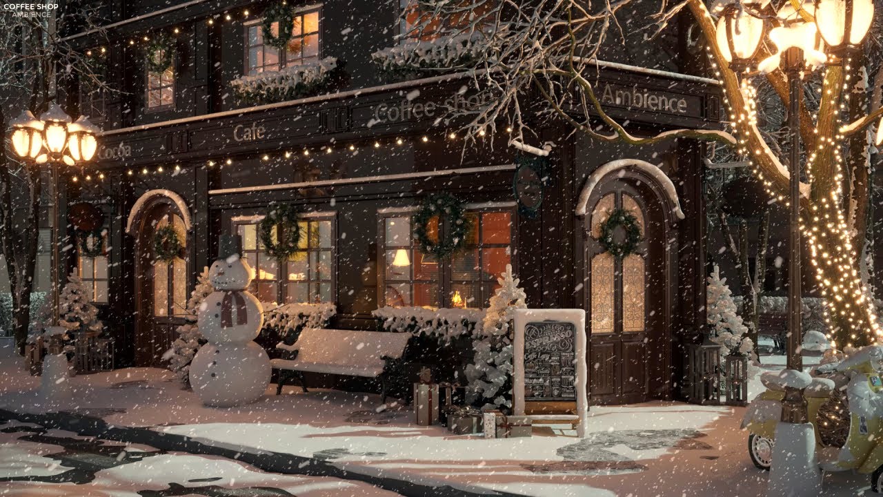 image 0 White Snow At Coffee Shop Ambience With Relaxing Smooth Jazz Music And Snow Falling